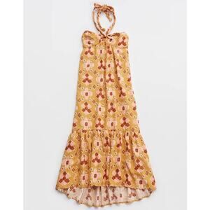 NWT Aerie High Low Halter Maxi Sundress Mustard Yellow Batik Linen Size XL